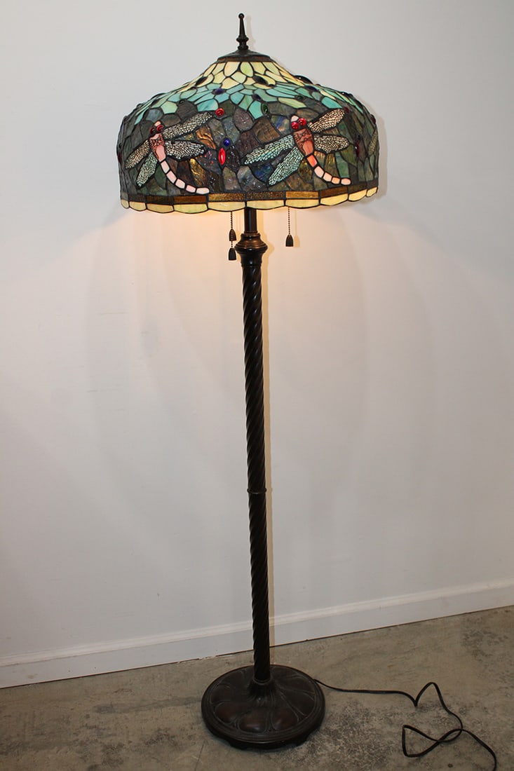 Contemporary leaded dragonfly floor lamp in nice condition. Pretty multicolored jewel design. 19": Contemporary leaded dragonfly floor lamp in nice condition. Pretty multicolored jewel design. 19" wide, 60" tall.