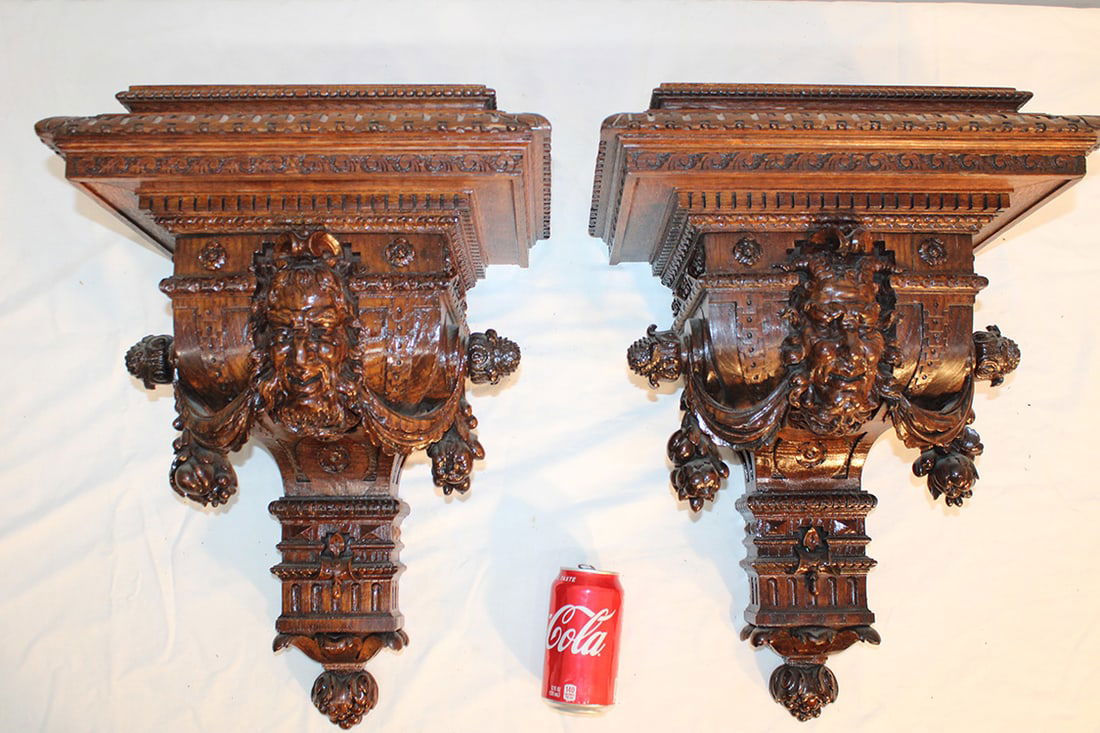 Exceptional pair of Victorian Oak shelves with heads. Heavily carved, 19th C. real nice for a (1 of 7)