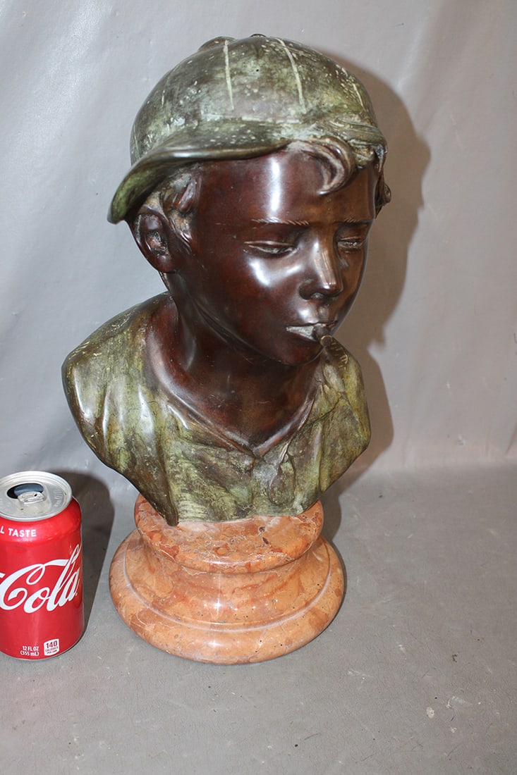 Super bronze signed by Giovanni De Martino of a black boy titled "Boy With Hat". Rose colored marble (1 of 5)