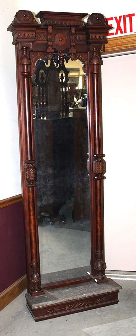Super marble top Renaissance pier mirror. Heavily carved crest, burled trim. 26" wide, 87' tall, 12" (1 of 5)