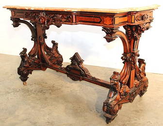 Spectacular Allen and Brother marble top center table. Walnut and burled with black incising. Has