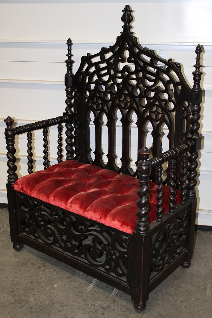 Sweet Victorian gothic walnut bench. Rope twist columns, fancy cut outs everywhere. Tufted seat in (1 of 5)