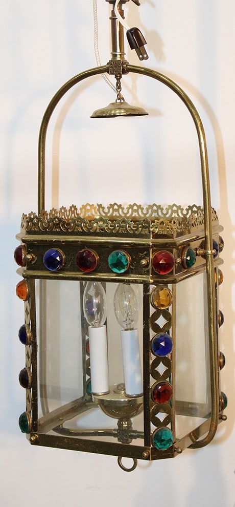 Victorian jeweled hanging lamp. Multicolored faceted jewels in brass. (1 of 3)