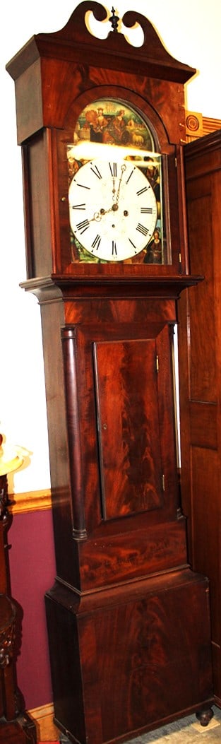 Early 19th C. long case clock by A & William Miller. Has a fabulous 4 seasons hand painted face. (1 of 8)