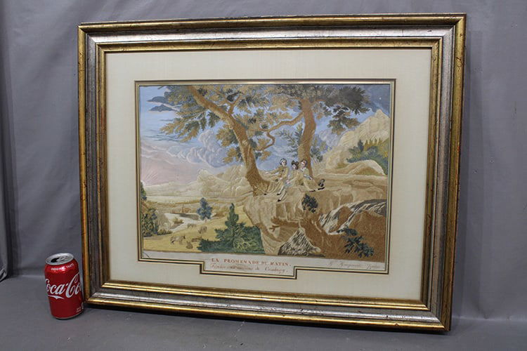 Rare 19th C. French embroidery by Honorable Marquerite Pzurn. Titled "The Morning Walk" Feneten Cux (1 of 6)