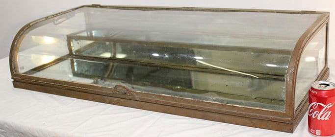 Antique French bronze or brass bow front jewelry case. Marked Paris, step up mirrored back, bowed (1 of 6)