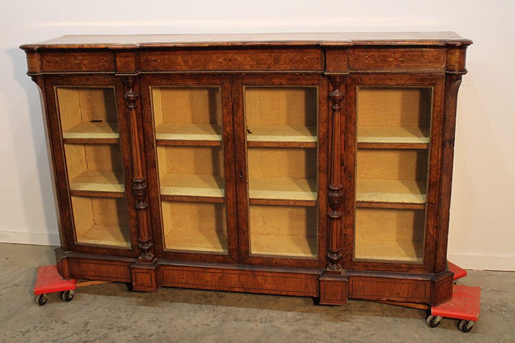Inlaid burled walnut 4 door credenza. Bronze ormalu, nice original finish, cookie corners. 65" wide, (1 of 4)