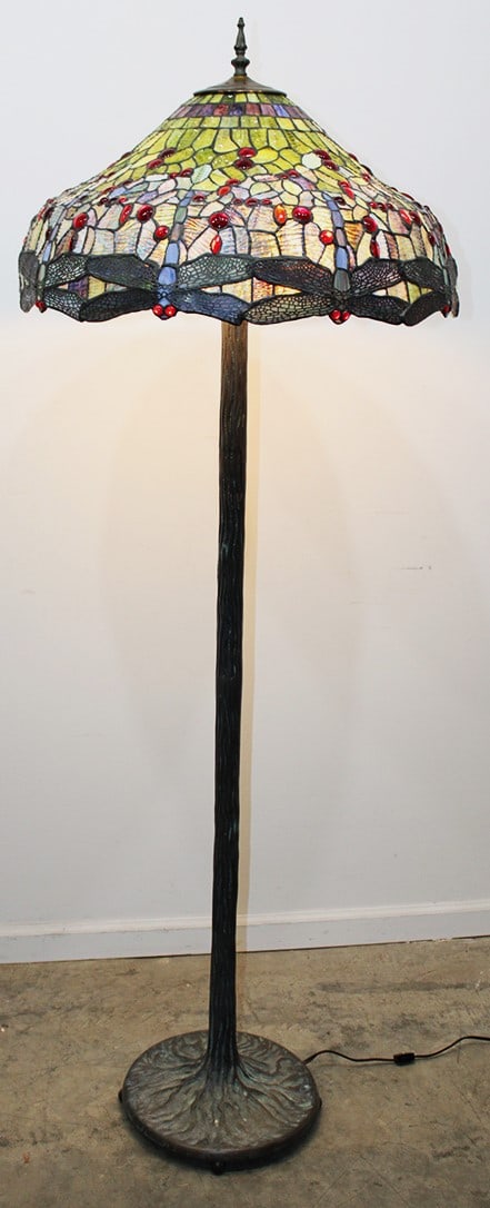 Heavy 24" dragonfly floor lamp with bronze tree trunk base. Quality jeweled shade, very heavy. (1 of 7)