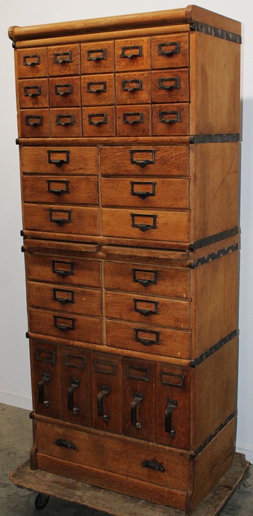 Nice 33 drawer oak Macey's stacking file cabinet only 27" wide. Has 15 small drawers, 12 letter (1 of 6)
