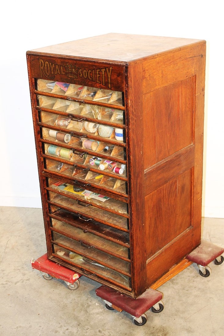 Oak Royal Society 12 drawer spool cabinet in original finish. Has wear consistent with age. Missing (1 of 6)