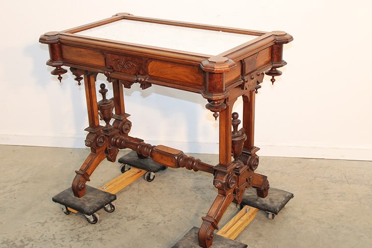 Sweet Renaissance insert marble top table in original finish. Urns and burling. Nice condition, it: Sweet Renaissance insert marble top table in original finish. Urns and burling. Nice condition, it has it all. 35" wide, 29" tall, 21" deep.