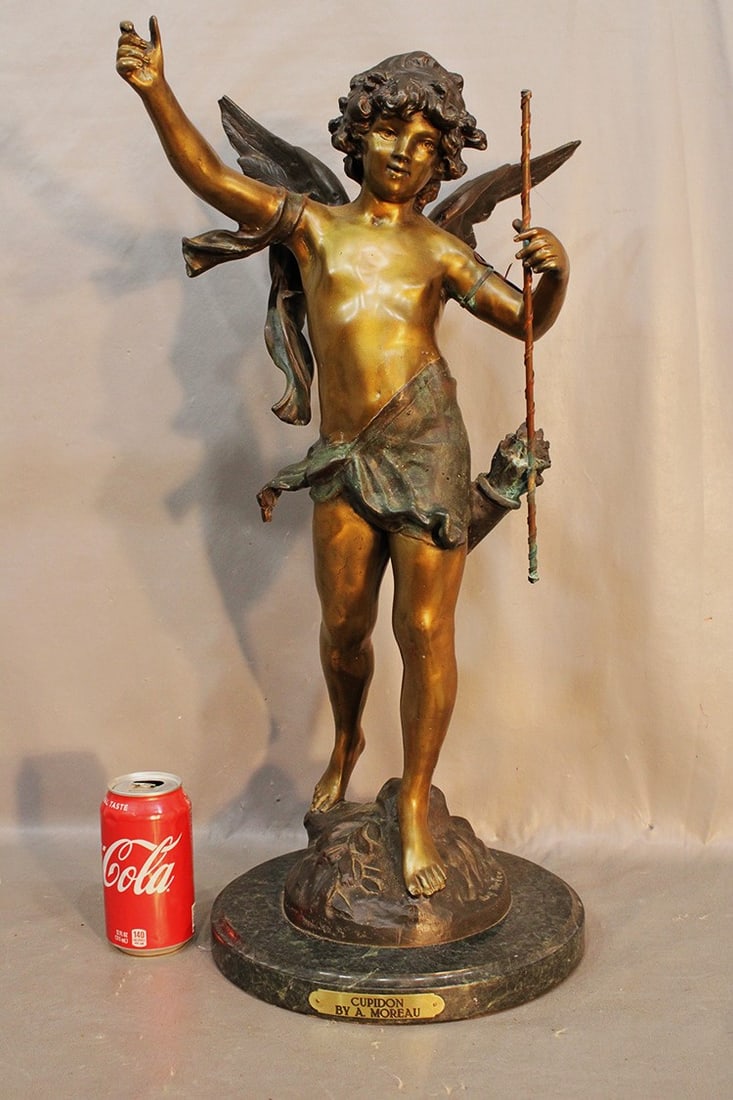 Very large 25" bronze statue titled Cupidon by A. Moreau. Nice 2 tone patina with a green marble (1 of 5)
