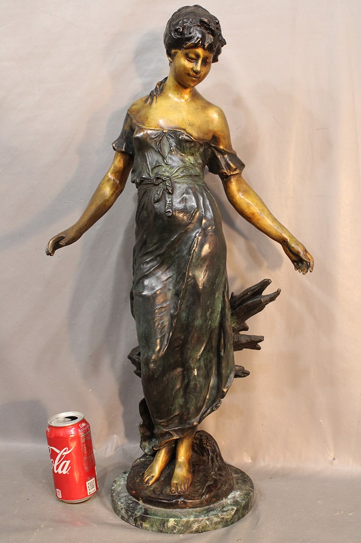 Large 27" bronze nouveau lady marked Aug. Moreau. Great 3 tone color with green marble base. Nice (1 of 5)