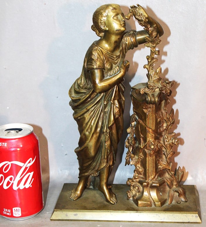 19th C. French bronze neoclassical (attr. Huzel). Women smelling flowers, original patina. 8" wide,: 19th C. French bronze neoclassical (attr. Huzel). Women smelling flowers, original patina. 8" wide, 11.5" tall, 4" deep.