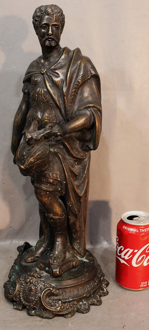 Antique bronze Roman soldier holding helmet. Old patina. 7" wide, 18" tall. (1 of 5)