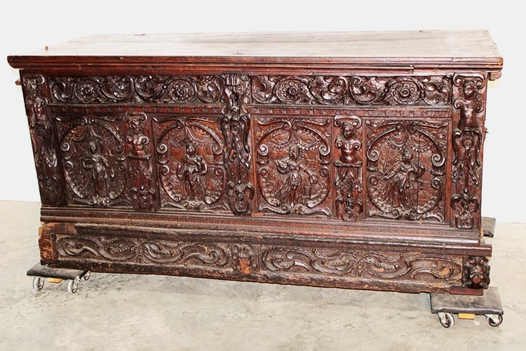 Heavily carved 17th or 18th C. continental blanket chest with scenic panels. Dovetailed, hand (1 of 13)