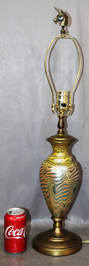 Durand "King Tut" art glass lamp base. Great colors, unicorn head finial. Estate fresh in nice (1 of 4)