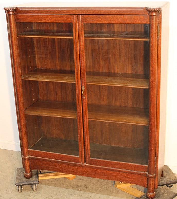 Nice size original finish 2 door oak bookcase. Turned columns, adjustable shelves. Real clean, (1 of 4)