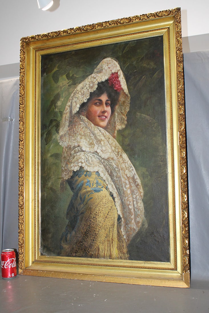 Large beautiful lady oil on canvas painting signed (Adolfo) Aguila Acosta 1858-1912. Original frame (1 of 6)
