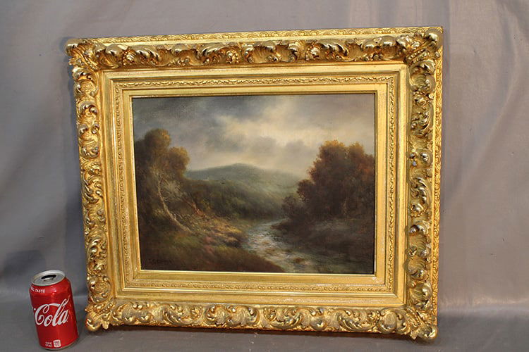 Beautiful oil on canvas painting signed Thomas B. Griffin 1858-1918. Mountain river landscape scene (1 of 5)