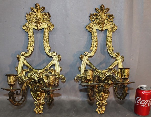 Fabulous pair of antique gilded bronze sconces with Northwind head and torch designs. Old finish. (1 of 5)
