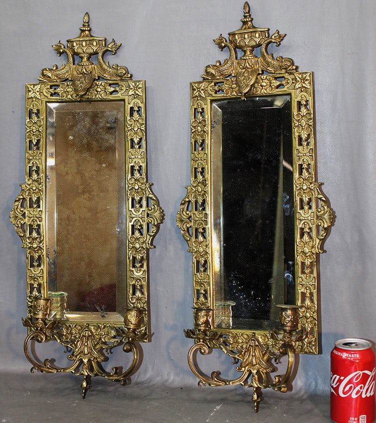 Large pair of 25" brass hanging mirror sconces. Dolphin tops, both with 2 candle holders, beveled (1 of 6)
