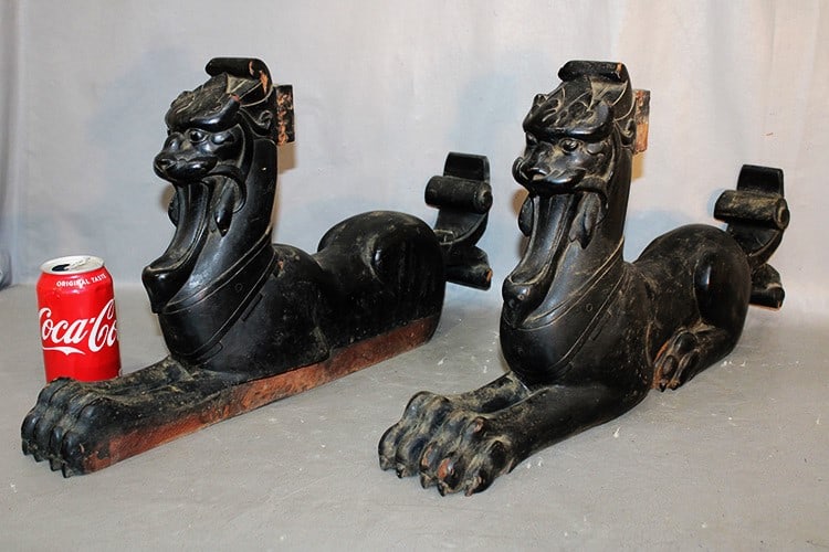 Wonderful carved ebonized griffins 19th C. Part of a larger piece, but very decorative. 4" wide, 11" (1 of 4)