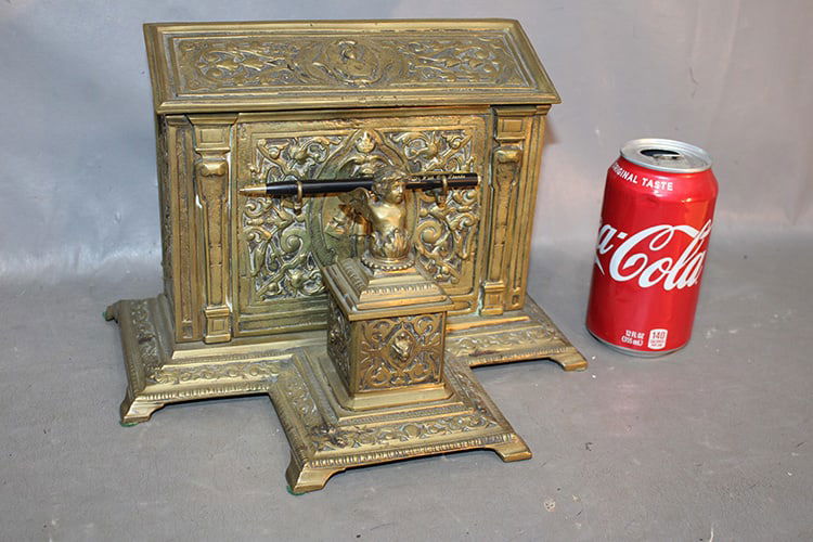 Large solid brass antique inkwell. Desk organizer with winged angel heads, etc. 11" wide, 8" tall, (1 of 6)