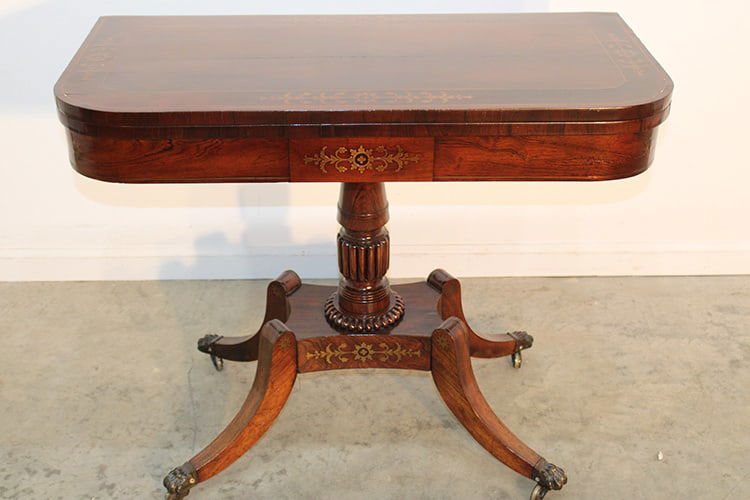 Fine period inlaid rosewood card table. Has a tooled green leather top, brass claw feet, brass inlay (1 of 5)