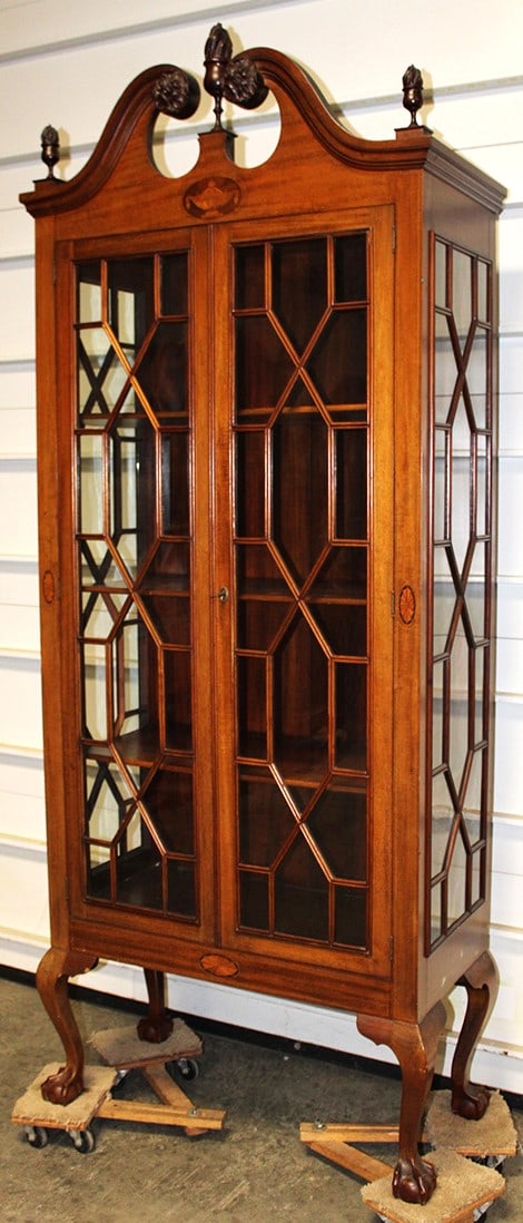 Centennial inlaid ball and claw foot curio. Flame finials, individual paine glasses with inlaid urn: Centennial inlaid ball and claw foot curio. Flame finials, individual paine glasses with inlaid urn . Estate fresh and clean. 33" wide, 87" tall, 16" deep.