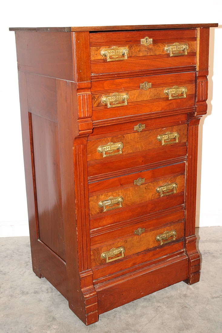 23" wide burled walnut Victorian lingerie chest with fancy brass pulls and burled top. 23" wide, 41" (1 of 5)