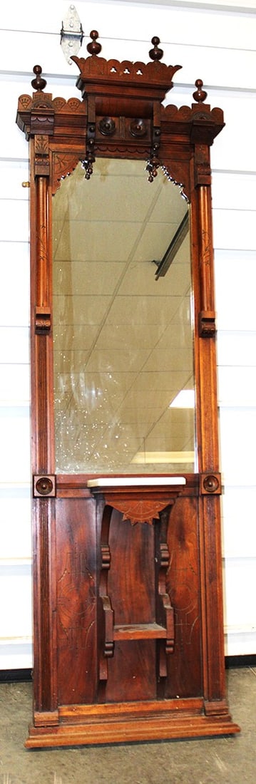 Small walnut Victorian mt. pier mirror. Fancy crest, original finish. 1 piece off but there. 25" (1 of 3)