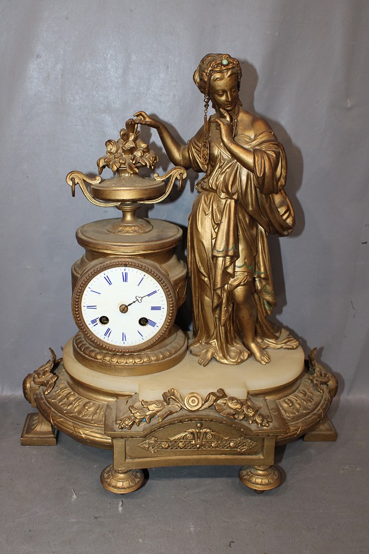French figural mantel clock with onyx insert. Springs all good, pretty clock. Estate fresh. 14" (1 of 5)