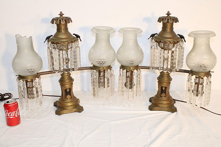 Pair of 2 arm Argand lamps brass with birds and cut prisms. Nice antique, electric. 1 shade had (1 of 6)