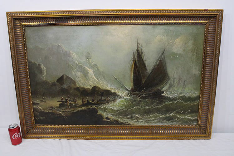 Large 19th C. oil on canvas of sailing ship on rough seas. Unsigned, has a castle up in the (1 of 6)