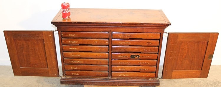 Walnut Victorian table top file cabinet. Individual pull outs, engraved letters, bills, reports, (1 of 6)