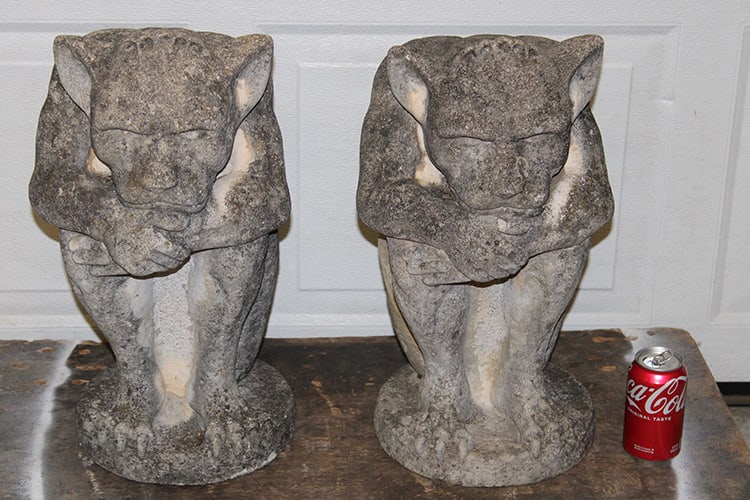 Wonderful pair of poured concrete gargoyles. Estate fresh, heavy, antique. Nice patina. 10" wide, (1 of 4)