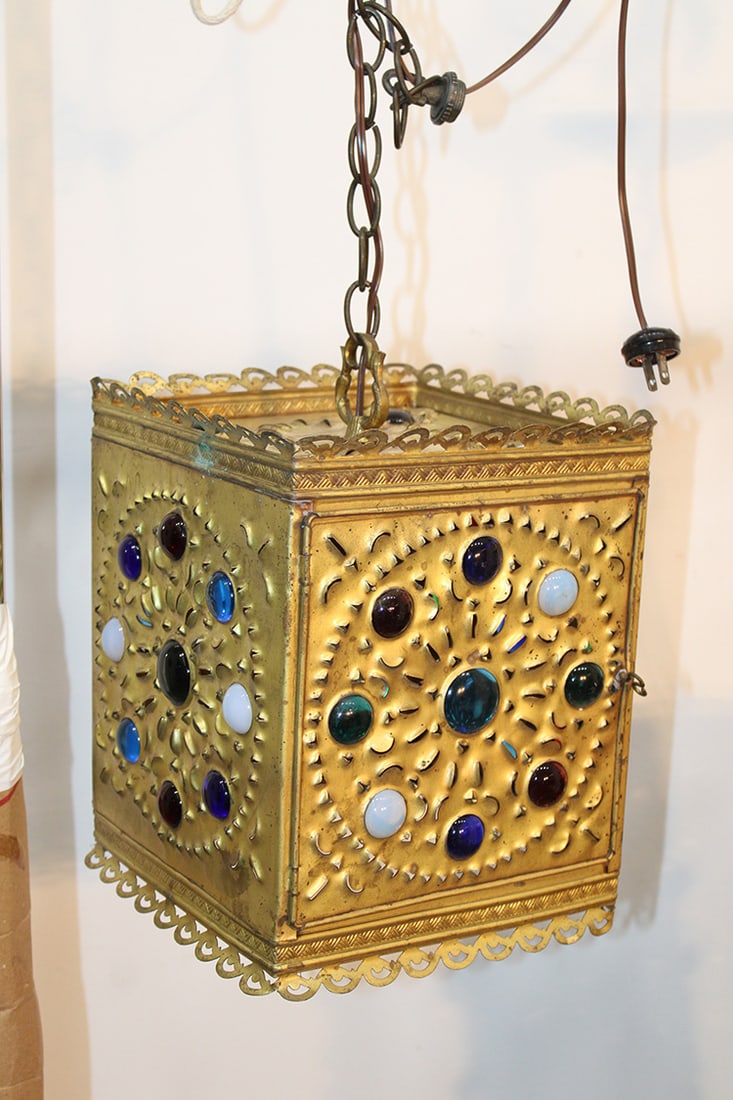 Multicolored jeweled punch brass hanging hall lamp. Has  40 jewels total. (1 of 3)
