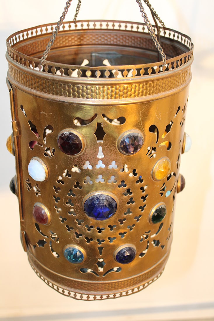 Hanging antique brass jeweled hall lamp. Has 27 faceted jewels. Nice condition. (1 of 4)