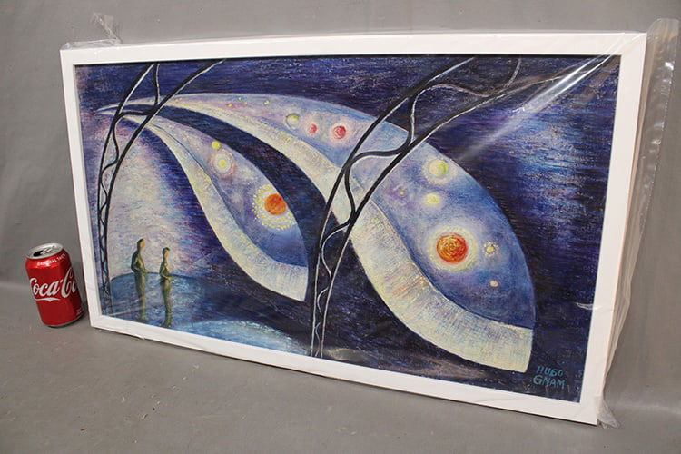 Oil on board painting "Futuristic" by Hugo Gnam. Nicely framed, estate fresh. 28" wide, 16" tall. (1 of 4)