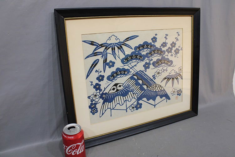 Hand stenciled dye print by Keisuke Serizawa 1895-1984. Foremost Japanese designed in nice: Hand stenciled dye print by Keisuke Serizawa 1895-1984. Foremost Japanese designed in nice condition, estate fresh. 1956 voted National Treasure by the Japanese government. Size with frame is 22" wide