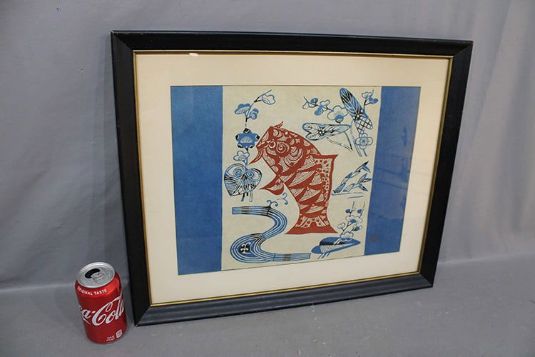 Hand stenciled dye print by Keisuke Serizawa 1895-1984. Nice condition, estate fresh. 1956 voted: Hand stenciled dye print by Keisuke Serizawa 1895-1984. Nice condition, estate fresh. 1956 voted National Treasure by the Japanese government. 22" wide, 18" tall.