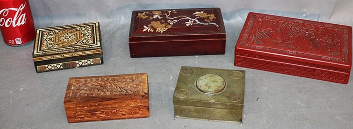 Group of oriental boxes including brass and jade, teak, etc. 1 red porcelain, inlaid cinnabar, etc. (1 of 4)