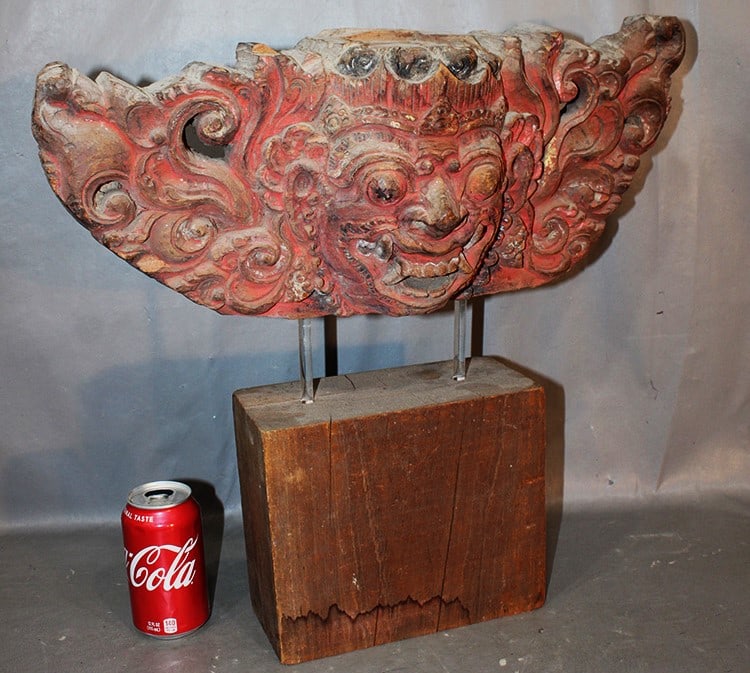 Early Balinese heavily carved double sided architectural element. Original red paint, estate fresh. (1 of 6)