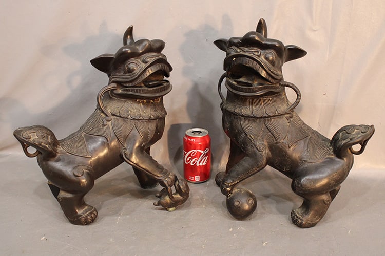 2 antique bronze Chinese foo dogs in original patina. Intricately detailed, very heavy. Estate fresh (1 of 10)