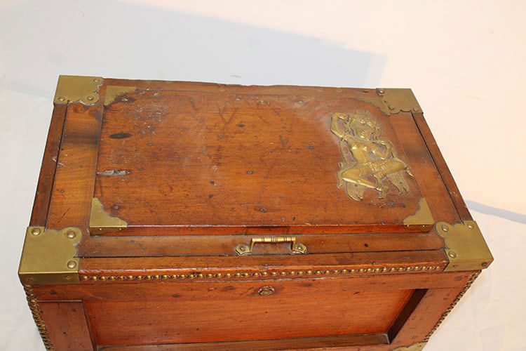Early tool/document box with oriental motif. Handled sized, brass corners. Estate fresh. 23" wide, (1 of 5)