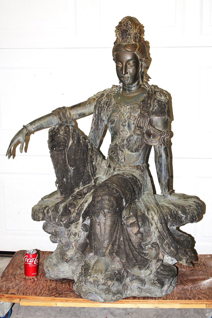 Antique 4' bronze Asian, Chinese goddess sitting on rocks. Estate fresh and 4' tall. Very detailed, (1 of 7)