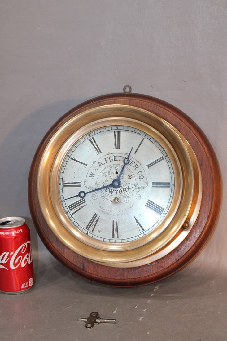 Large antique brass marine clock by W. & A. Fletcher Co. Ashcroft MFG Co. NY and Bridgewater. (1 of 6)