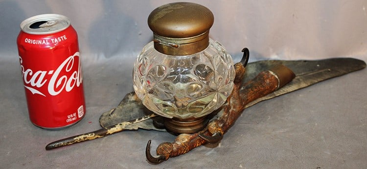 Very unique large cold painted bronze inkwell with bird claw and large quill pen. Has a large glass (1 of 4)