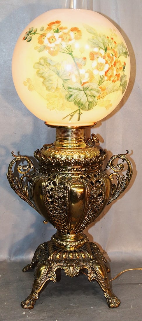 Antique signed Bradley & Hubbard piano lamp. Nicely painted ball shade marked New Rochester. Fancy (1 of 5)